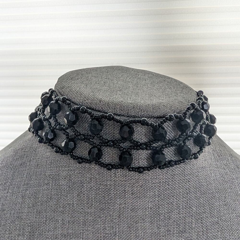 Stunning Goth Faceted Black Beaded Seed Bead Choker Style Collar Necklace NWT